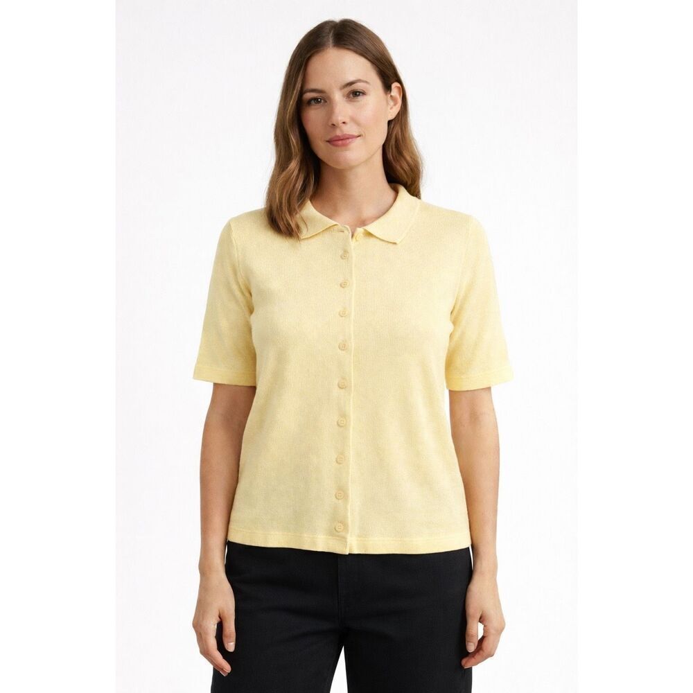 Vintage M&S St Michael Yellow Knit Polo Cardigan Womens UK 18